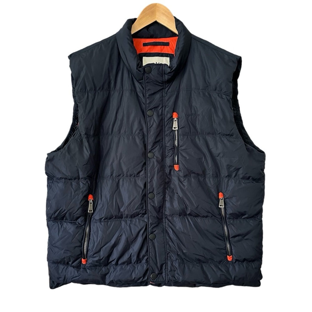 Orvis Down Puffer Vest Navy Orange Full Zip Snap Front Pockets Men’s Size XL - Picture 1 of 7